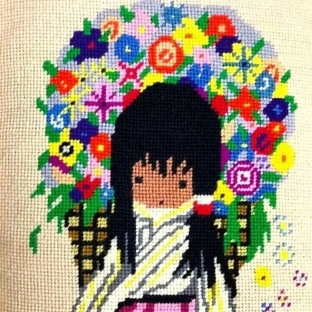 2 Native American Cross Stitch framed art floral vintage