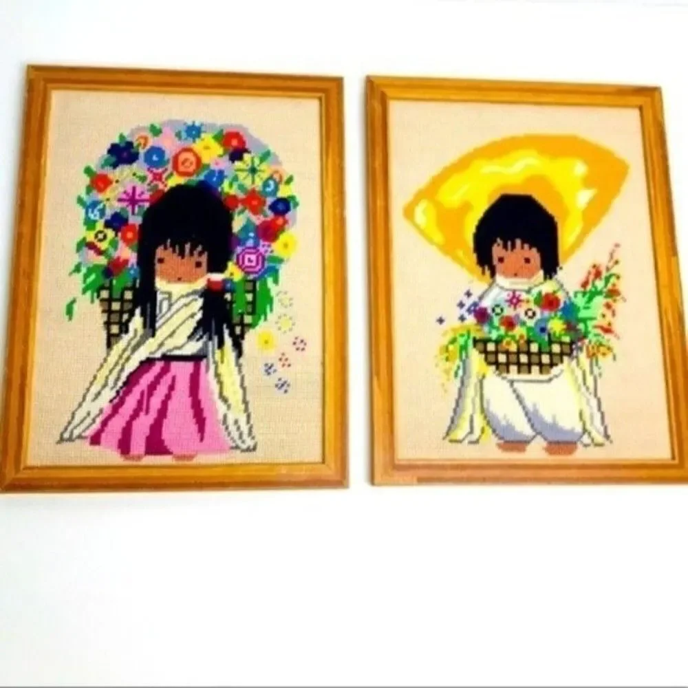 2 Native American Cross Stitch framed art floral vintage