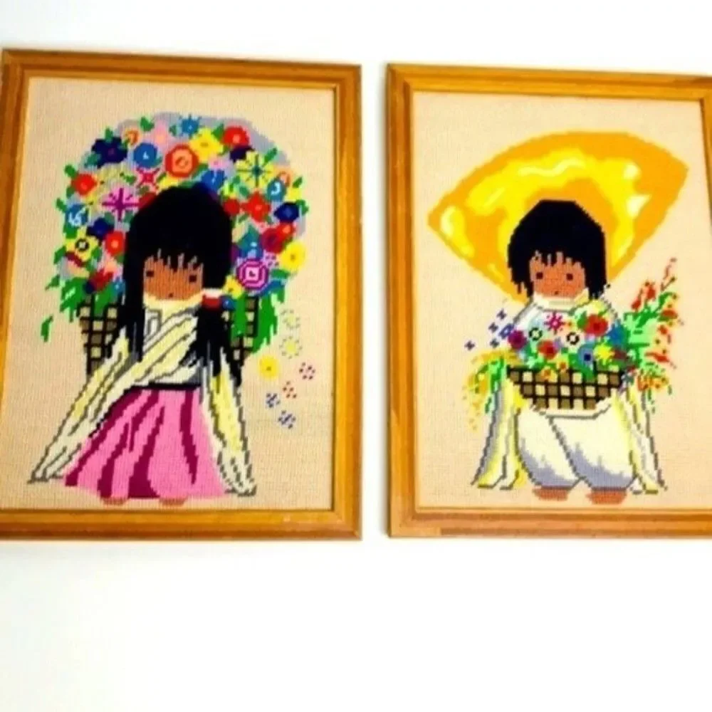 2 Native American Cross Stitch framed art floral vintage