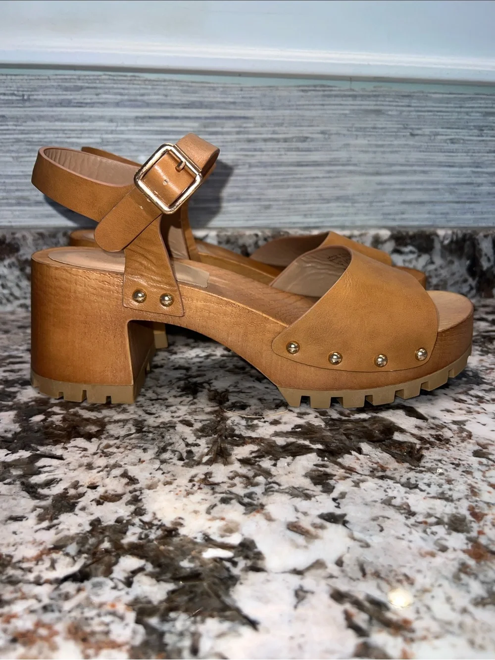 Call It Spring Tan Chunky Platform Sandal with Gold Studs