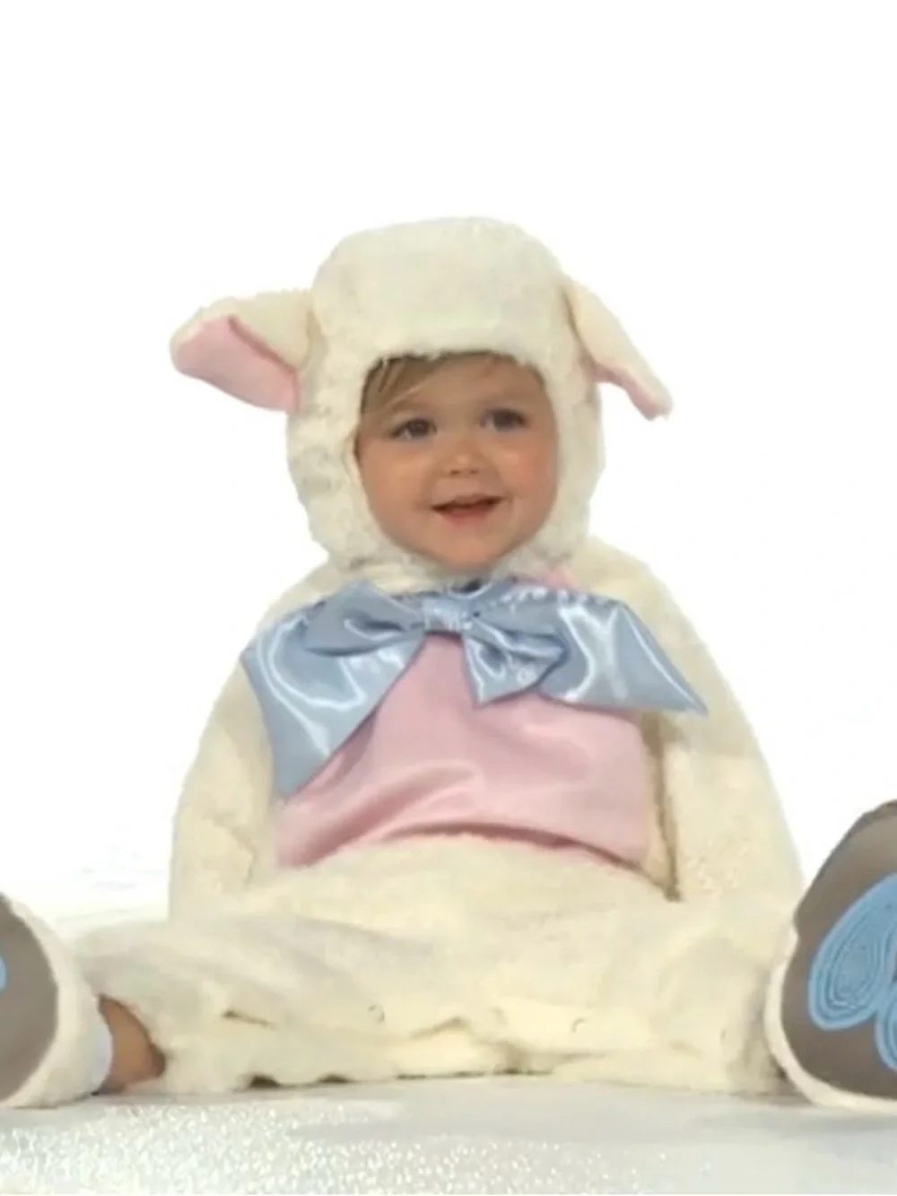 Classic White and Pink Lamb Baby Costume with Blue Bow and booties