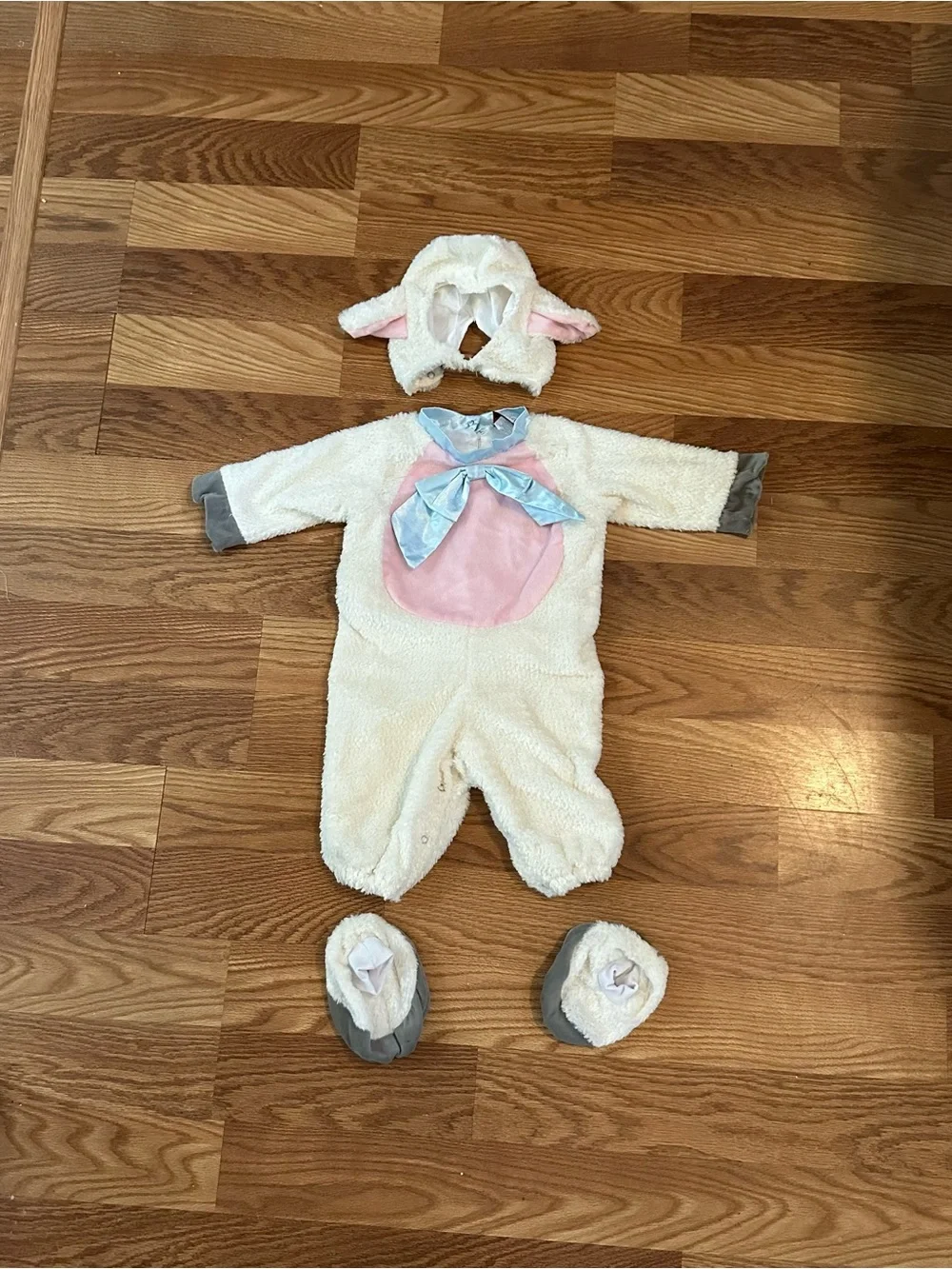 Classic White and Pink Lamb Baby Costume with Blue Bow and booties