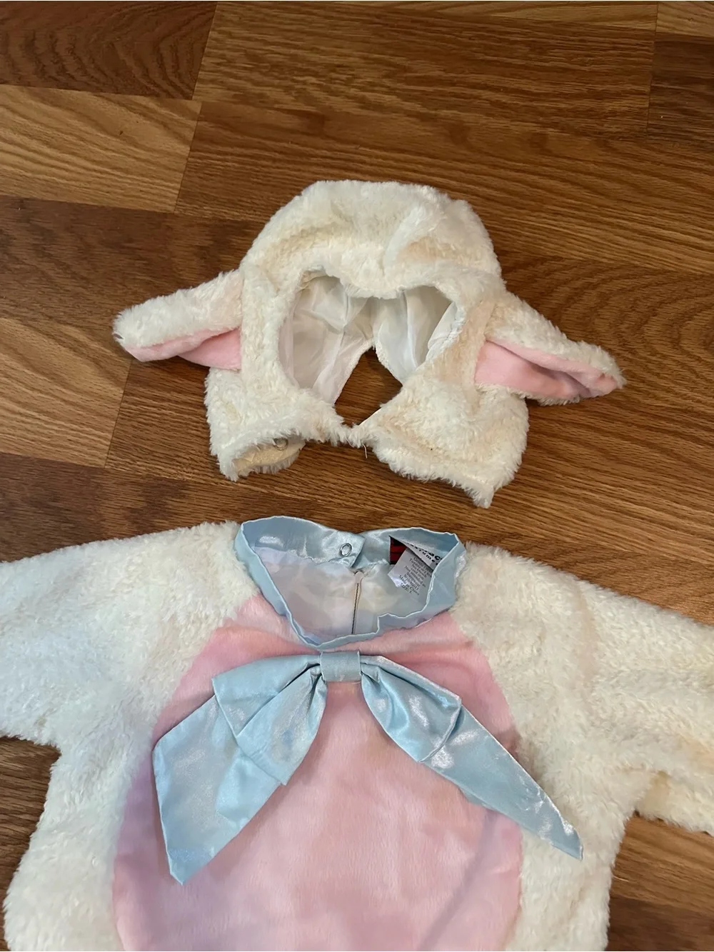 Classic White and Pink Lamb Baby Costume with Blue Bow and booties