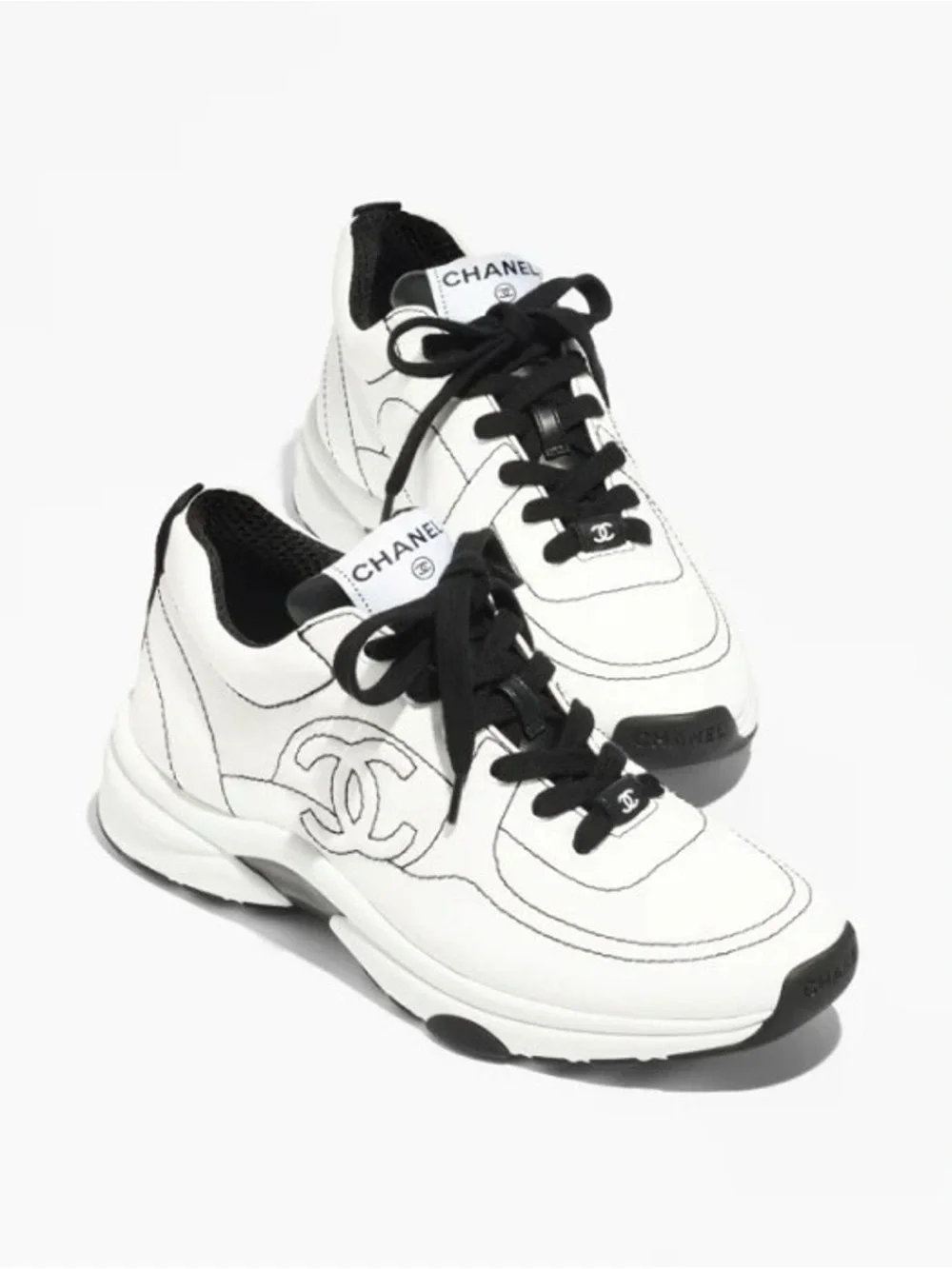 CHANEL White and Black Lace-Up Runner Sneakers
