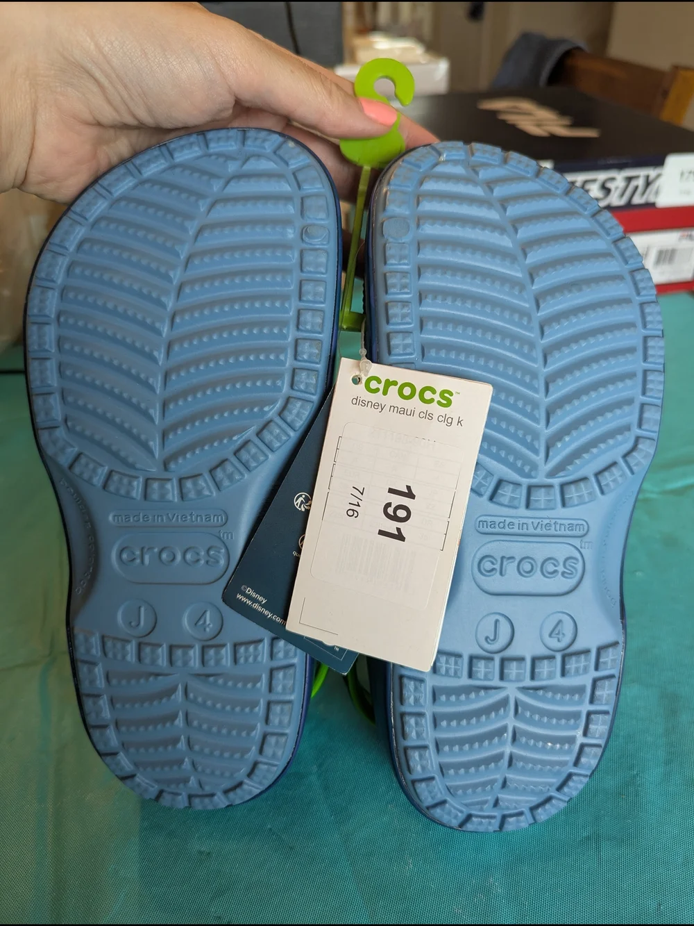CROCS Kids Blue Clog Sandals with Green Heel Strap and Character Charms