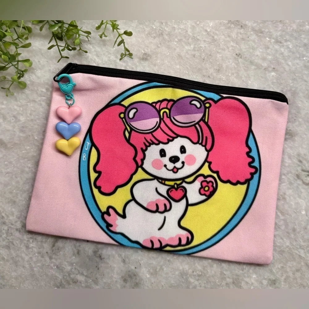 New Retro 80s Style Poochie Dog Pink Makeup Tech Pencil Bag w/ Charm - 8.5” x 6”
