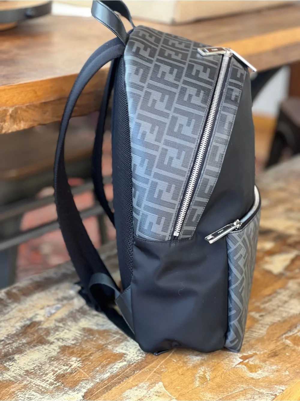 Fendi Men's Black & Gray Patterned Backpack with Yellow Accent
