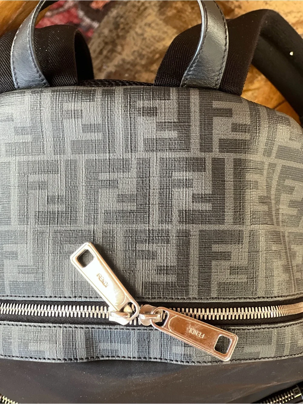 Fendi Men's Black & Gray Patterned Backpack with Yellow Accent