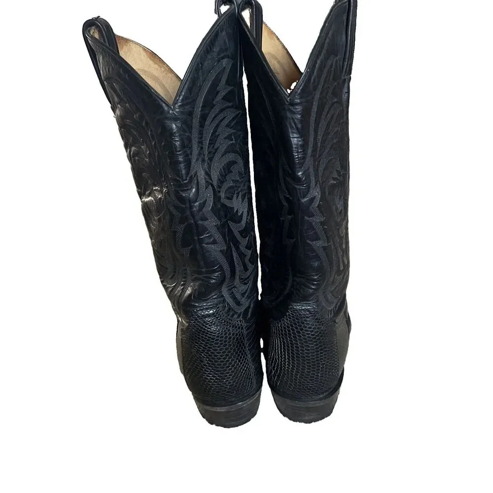 Vintage Tony Lama Size 10D Black Teju Lizard wingtips western cowboy boots