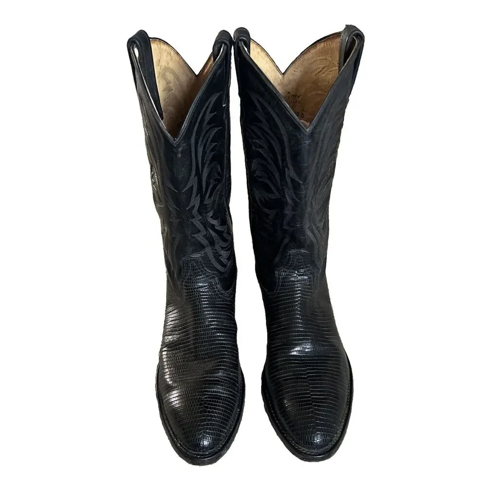 Vintage Tony Lama Size 10D Black Teju Lizard wingtips western cowboy boots
