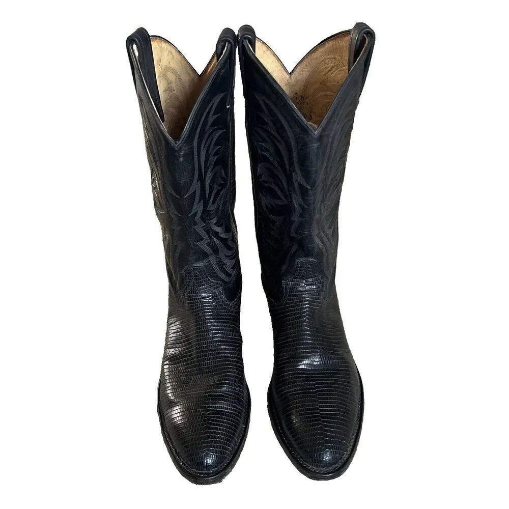 Vintage Tony Lama Size 10D Black Teju Lizard wingtips western cowboy boots