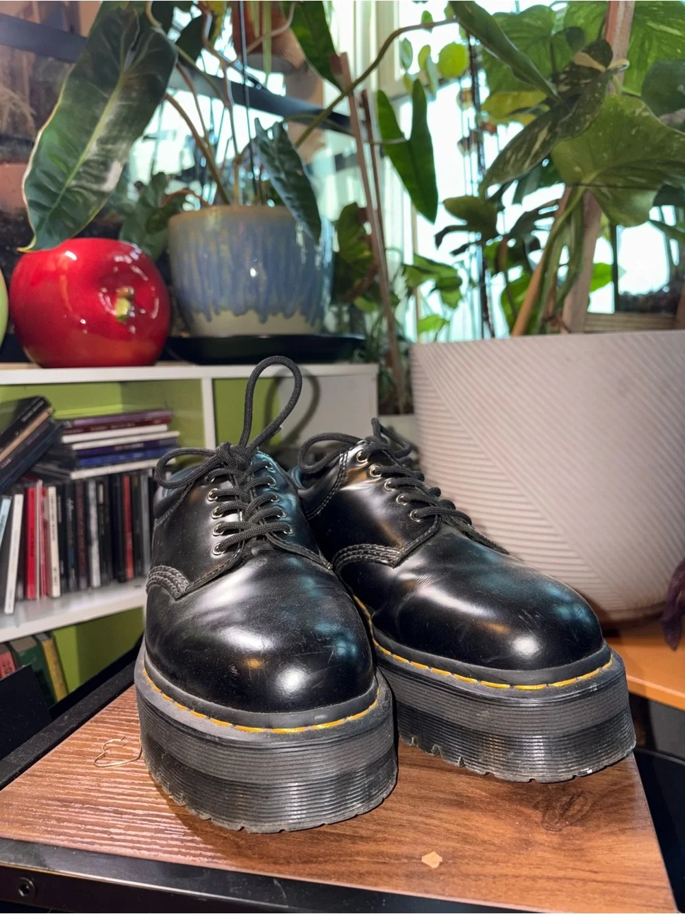Dr. Martens Black Platform Lace-Up Shoes with Yellow Stitching