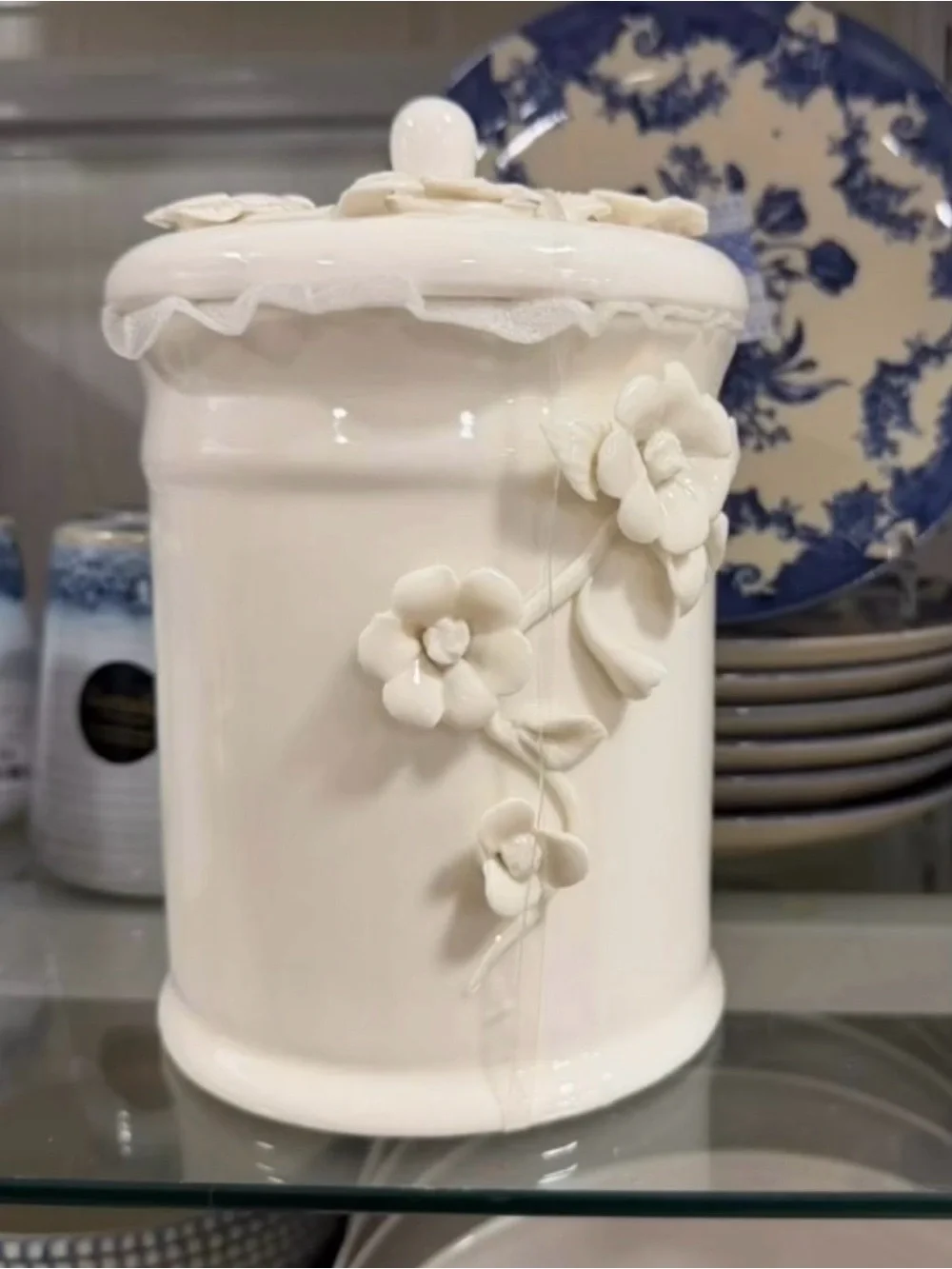 White Floral Ceramic Canister with 3D Flowers