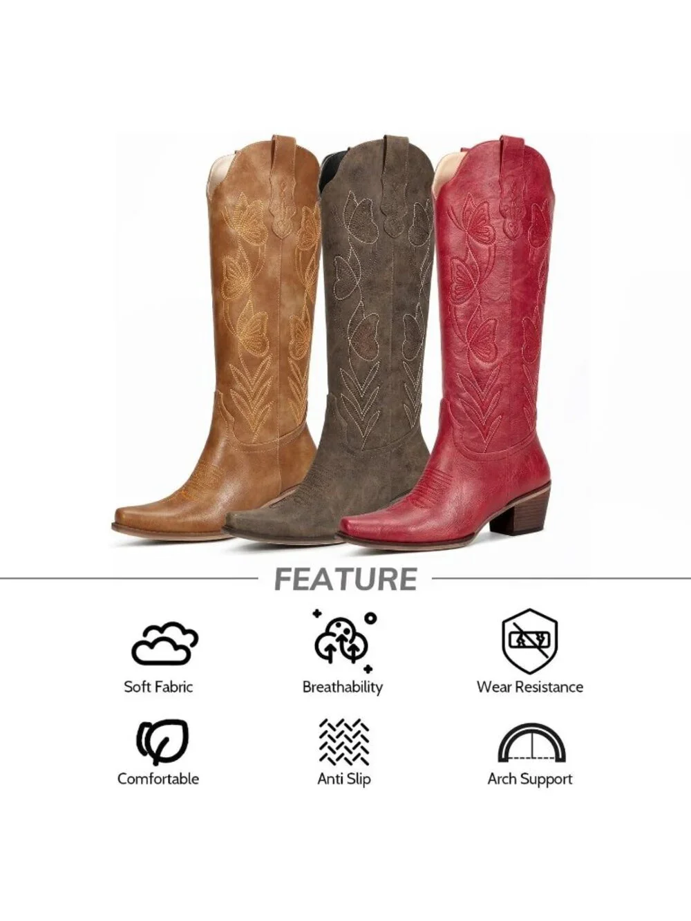 Women's Red Butterfly Knee High Cowgirl Boots Embroidered Pointed Chunky Heel