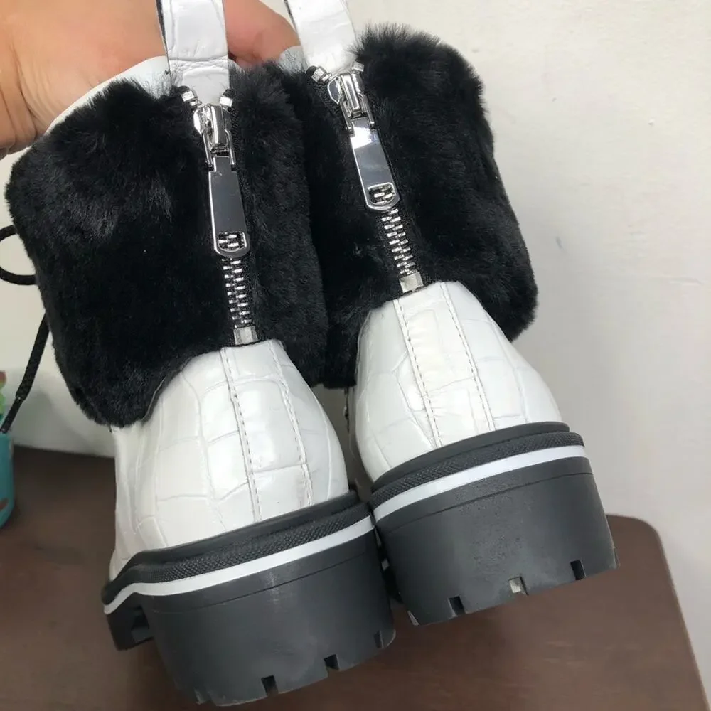 NEW Sigerson Morrison Macre2 White Black Leather Faux Fur Lace Up Winter Boots