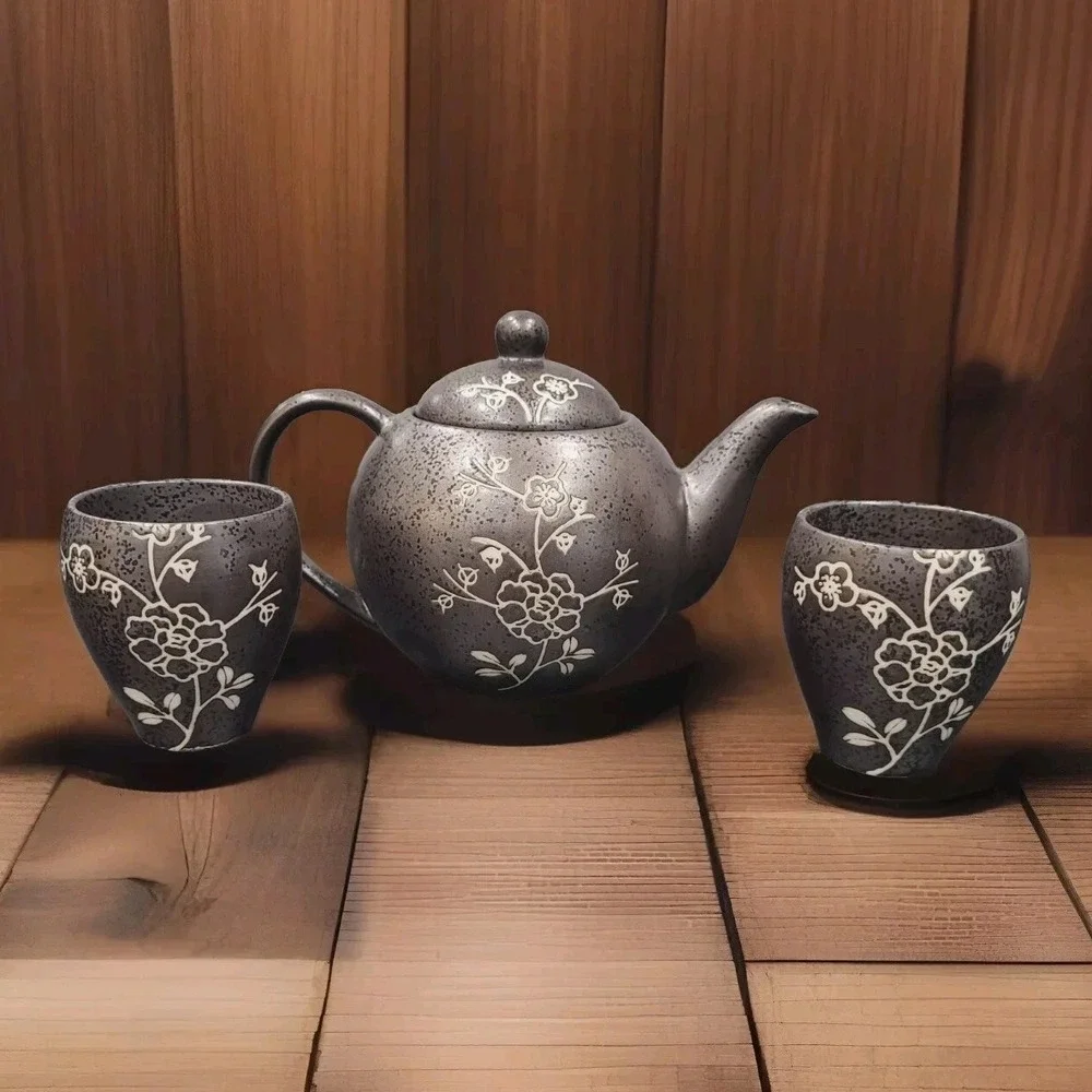 Japanese Teapot and cups with Seeper Strainer Black