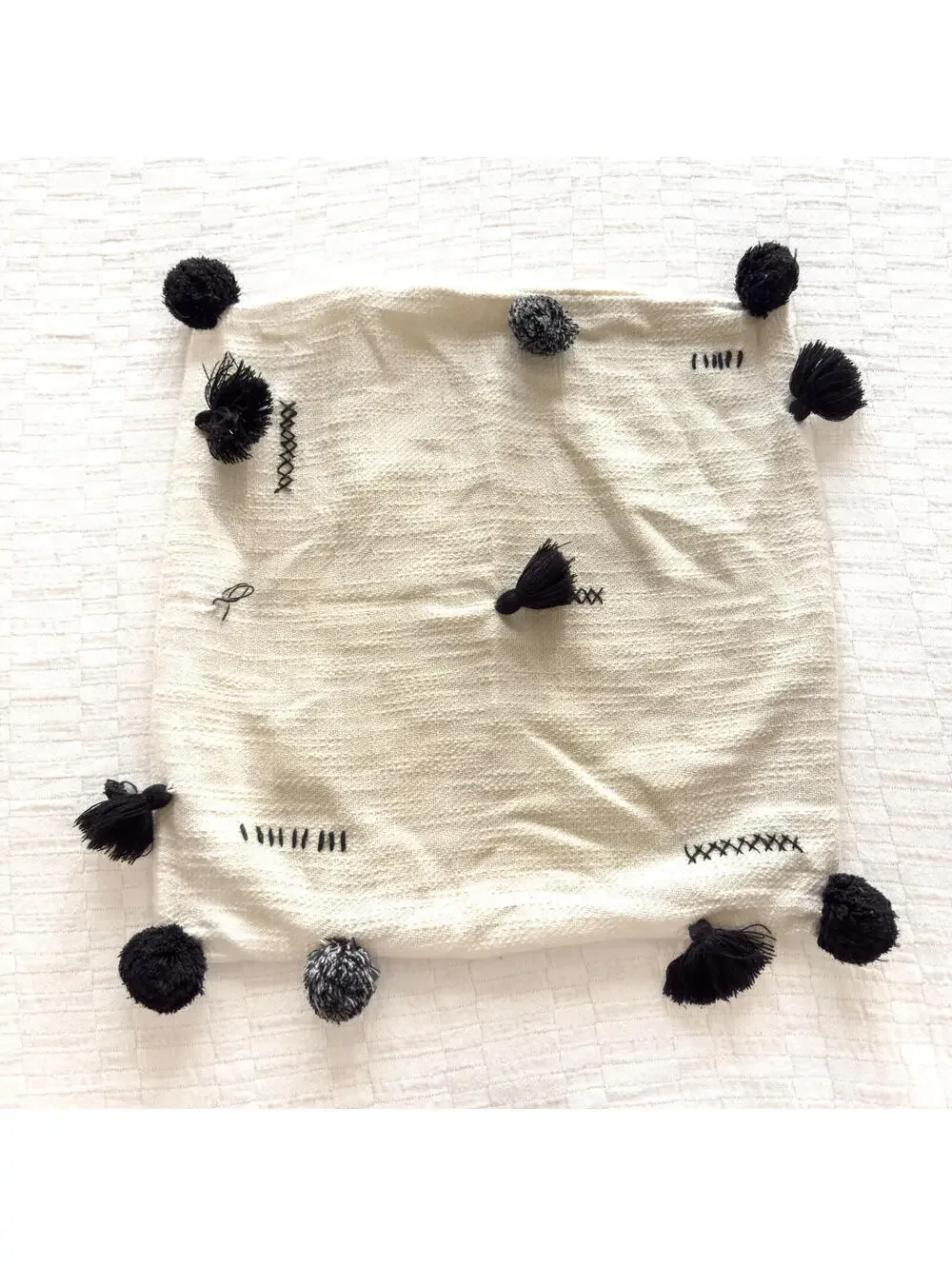 IKEA Cream Black‎ Pom Pom Cotton Square Cushion Cover 20x20