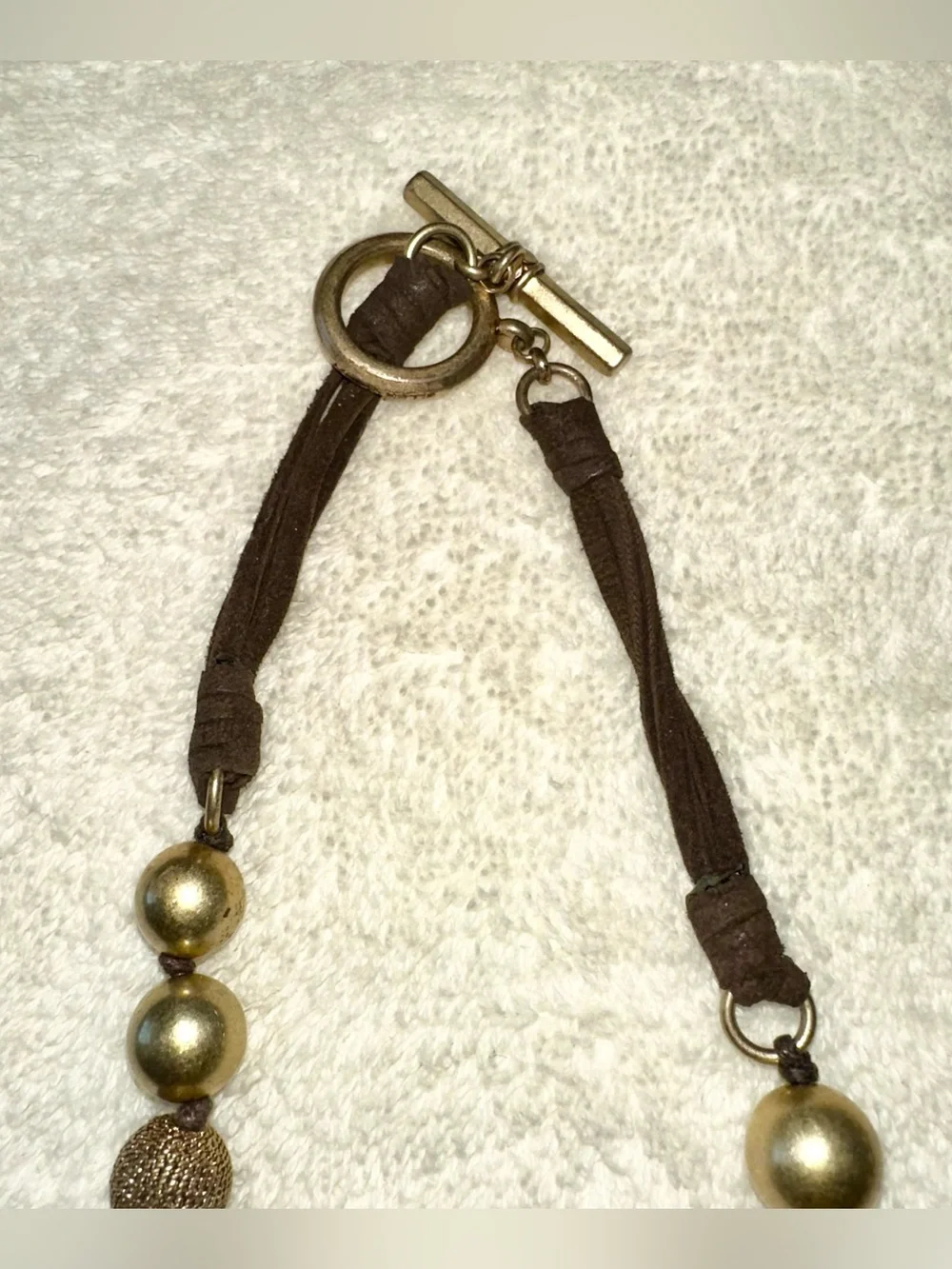 Set of 2 Vintage Ellen Tracy Gold Beaded Toggle Necklaces Layered Suede Y2K