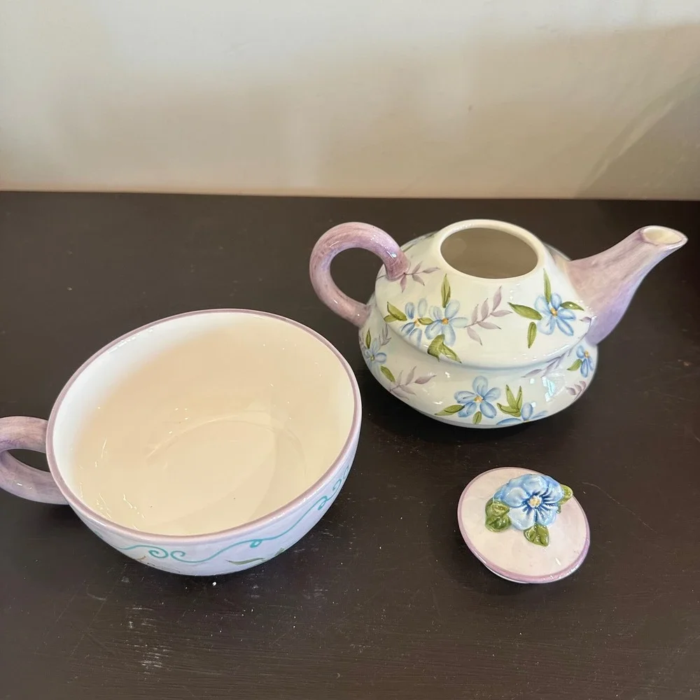 NEW VTG Tea for One Ceramic Nesting Teapot & Cup Set Floral Purple Blue Painted