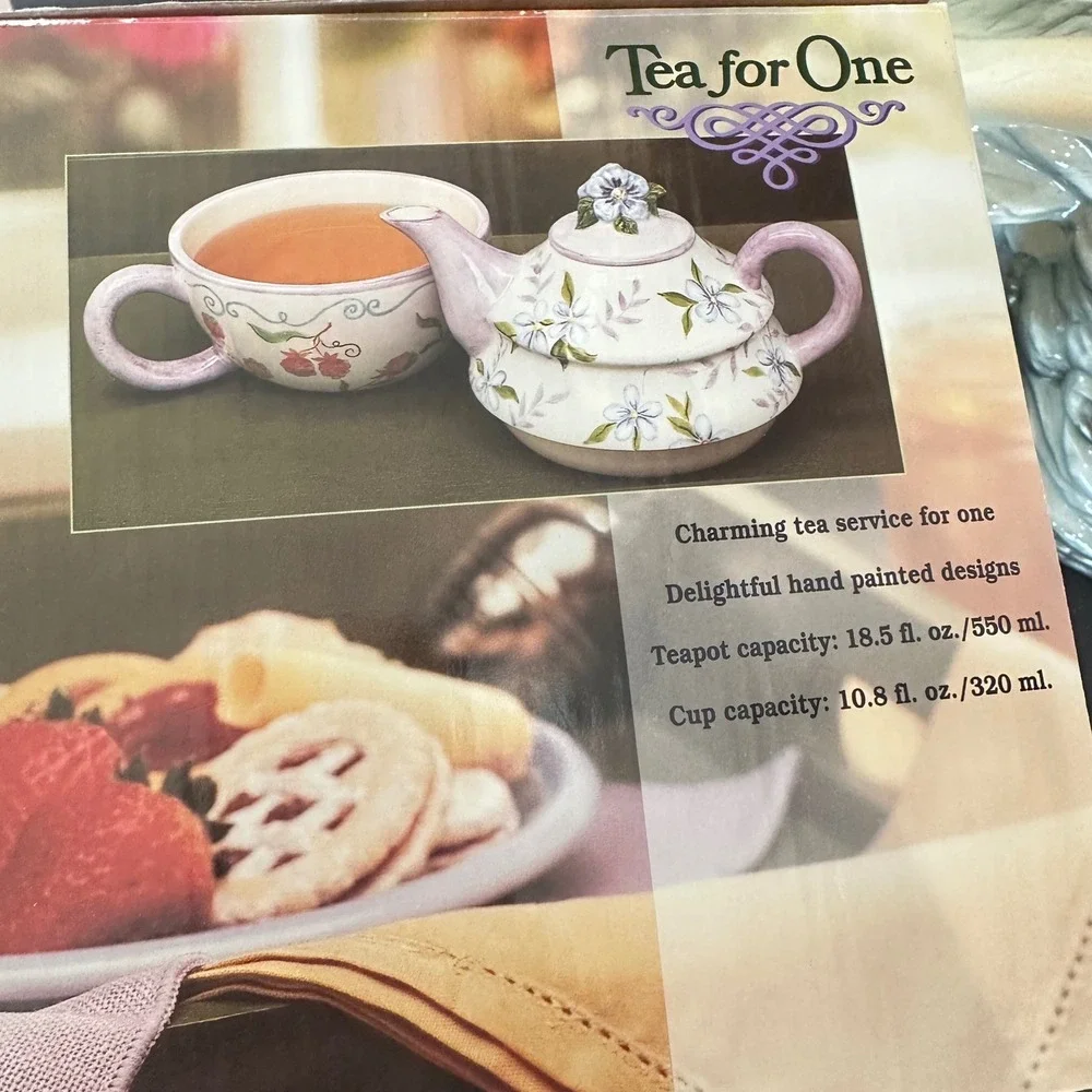 NEW VTG Tea for One Ceramic Nesting Teapot & Cup Set Floral Purple Blue Painted