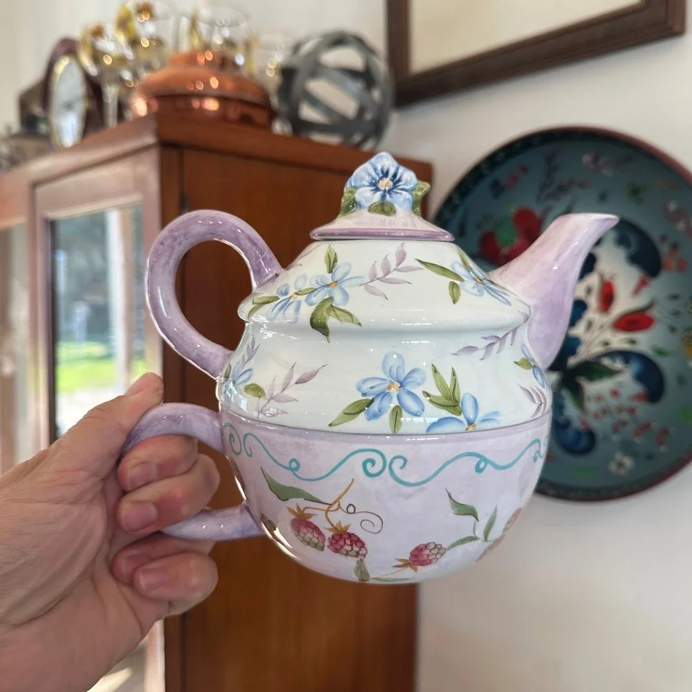 NEW VTG Tea for One Ceramic Nesting Teapot & Cup Set Floral Purple Blue Painted