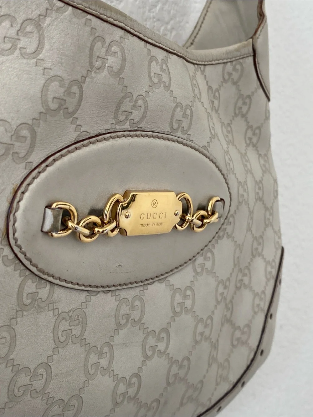 Gucci Beige Monogram Hobo Bag with Gold Hardware