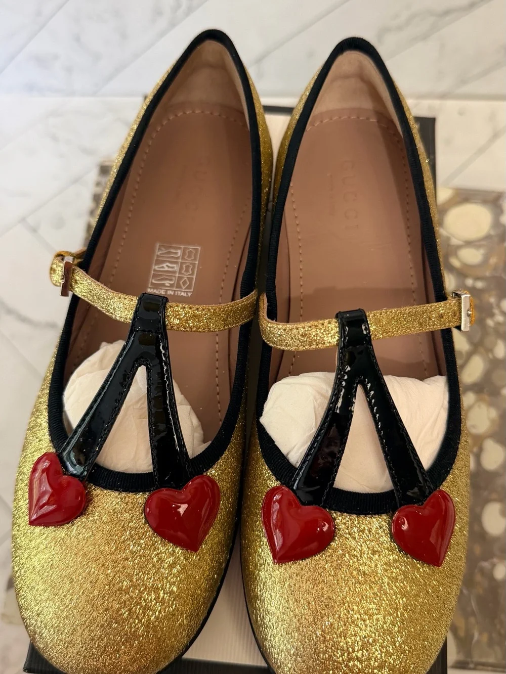 GUCCI Girls' Gold Glitter Heart Mary Jane Flats