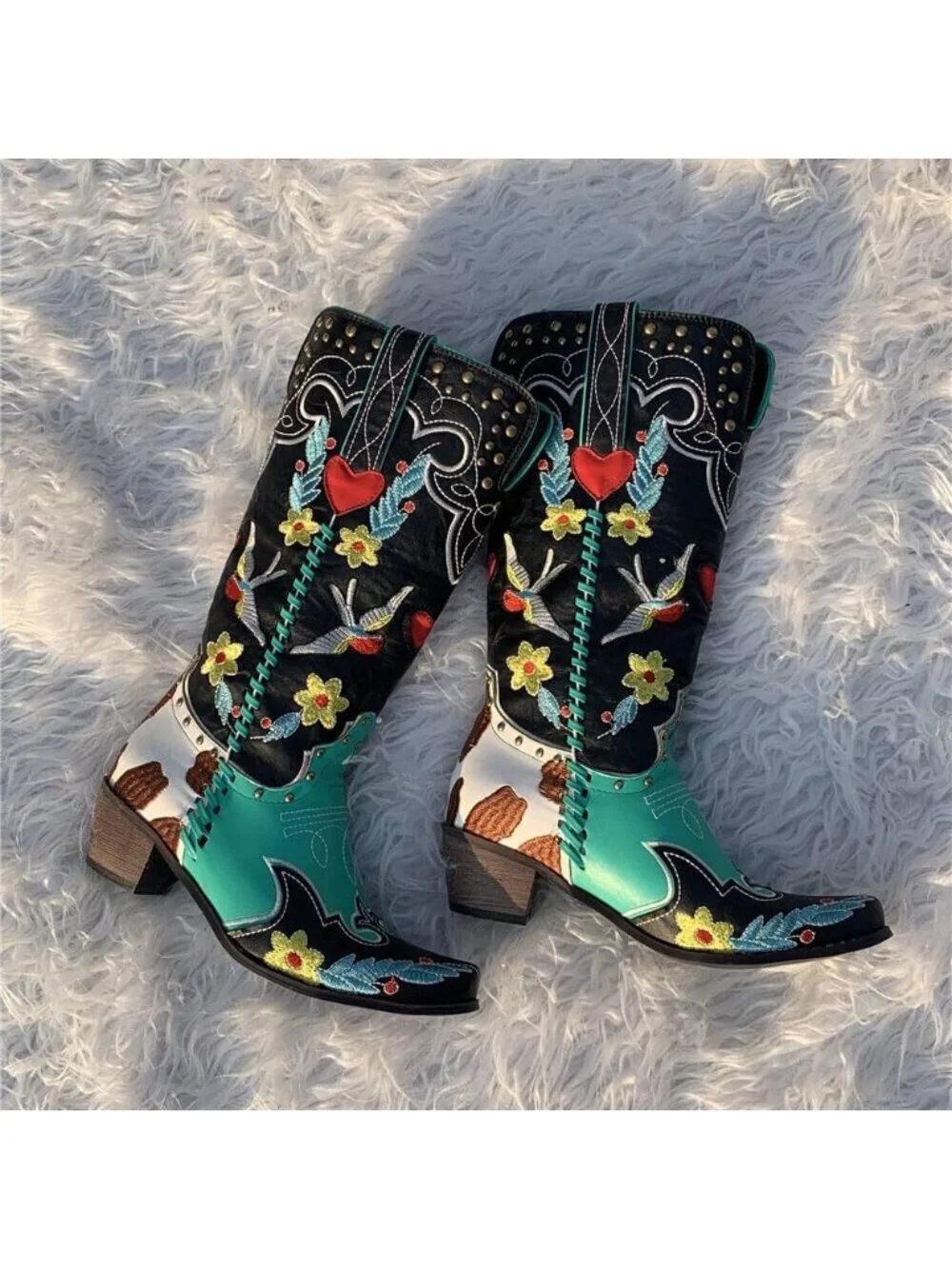 Women's Blue Knee High Boots Faux Leather Western Swallow Chunky Low Heels