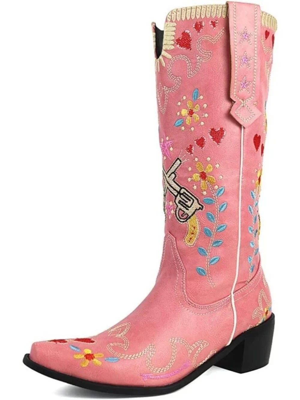 Women's Pink Knee High Boots Faux Leather Western Swallow Chunky Low Heels