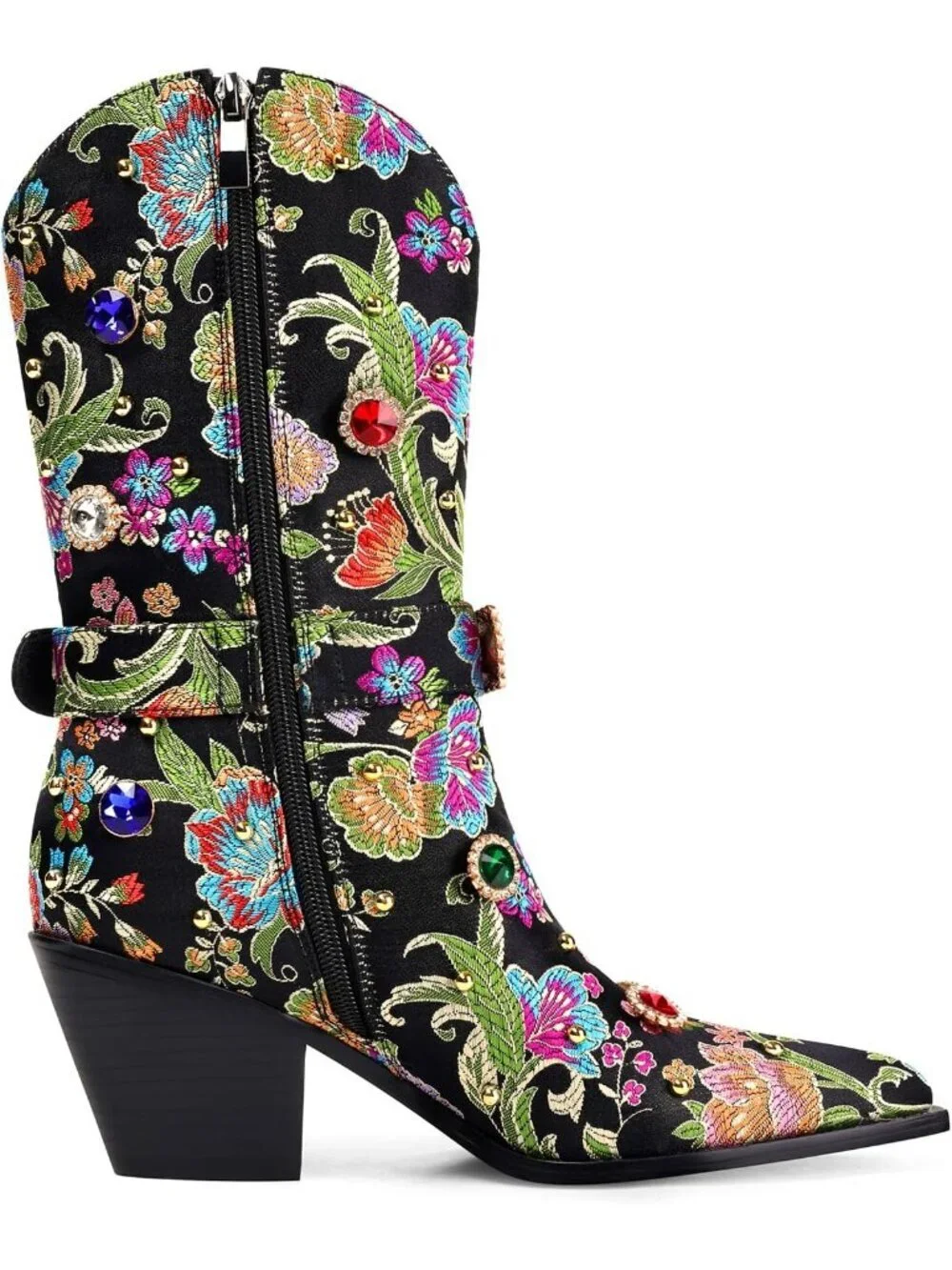 Women's Black Western Floral Embroidery Rhinestone Sparkly Cowgirl Mid Calf Boot