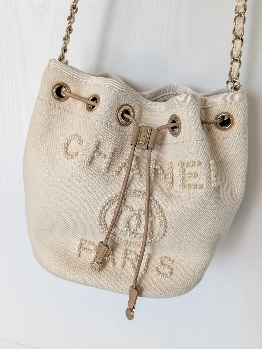 Chanel Beige Pearl Deauville Drawstring Bucket Bag
