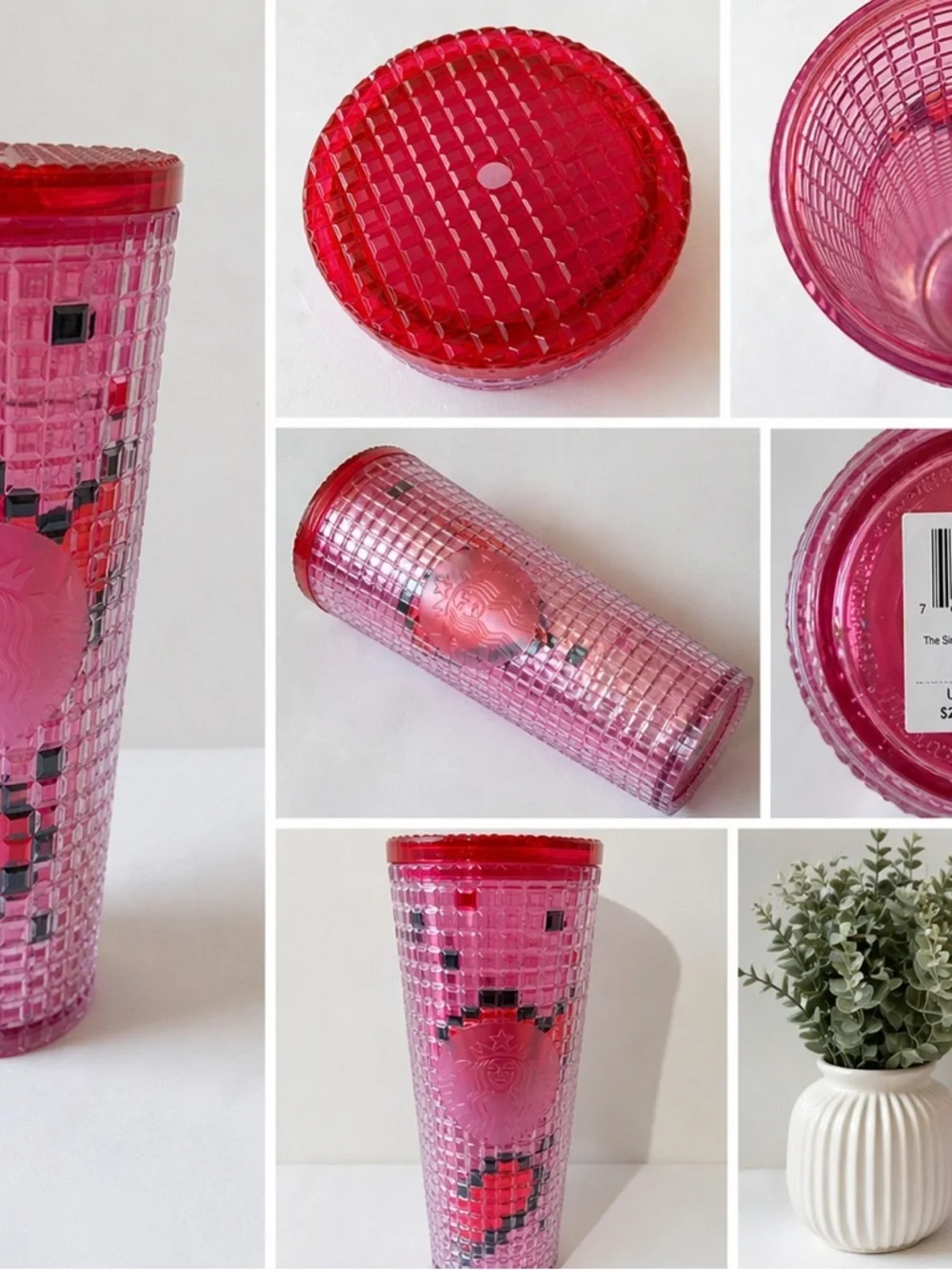 Starbucks Pink Studded Heart Tumbler 24oz Cold Cup Red Lid Valentine Limited