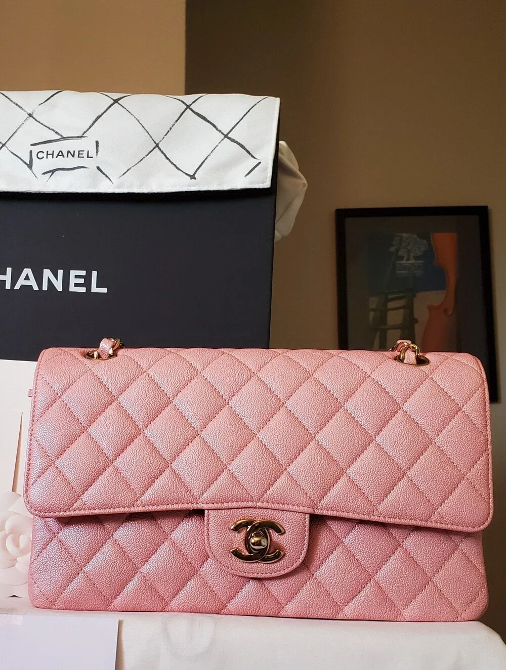 Chanel Classic Iridescent Pink Caviar Medium Gold Hw Bag