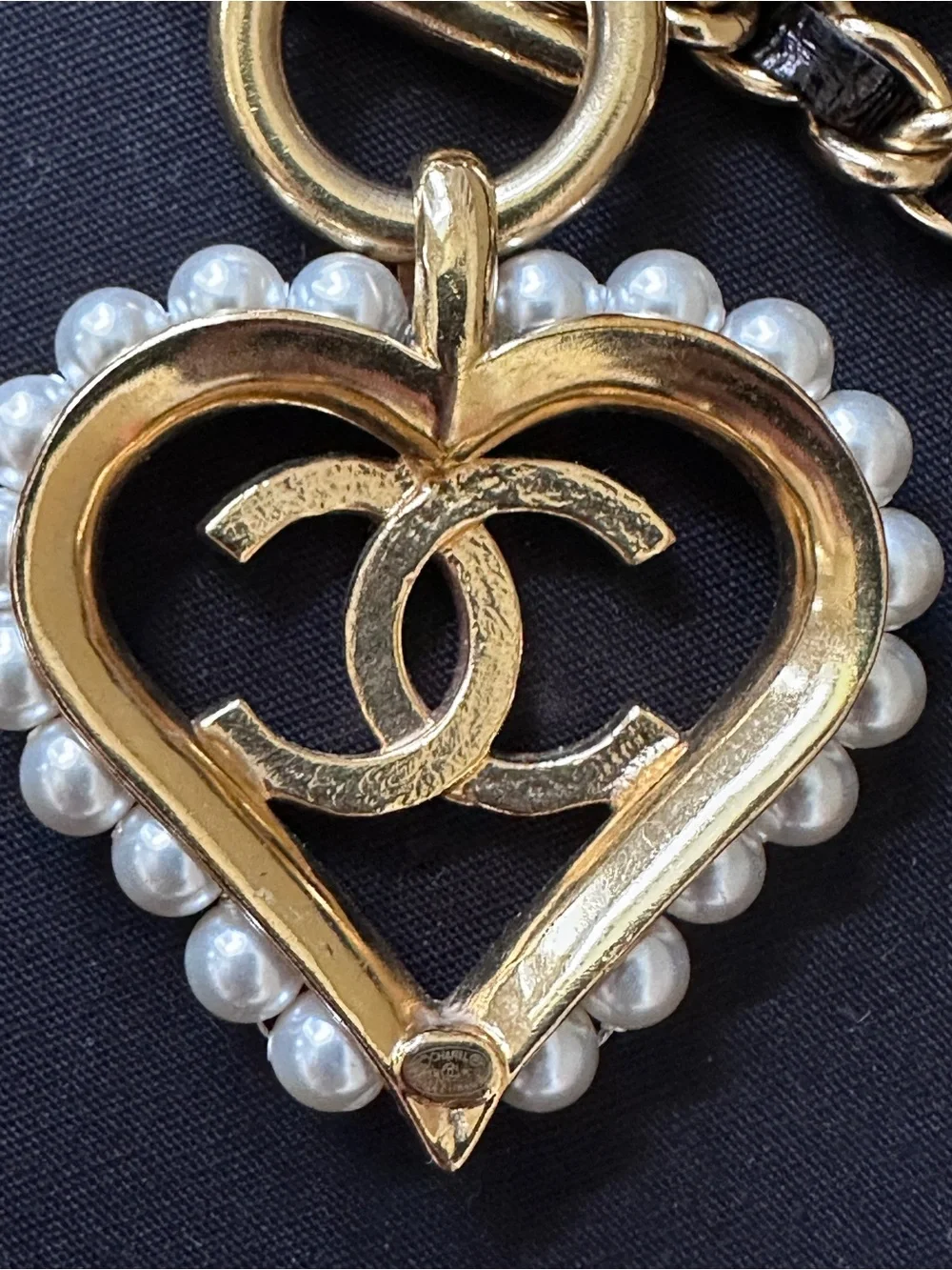 CHANEL Gold and Black Heart CC Pendant Necklace with Pearls