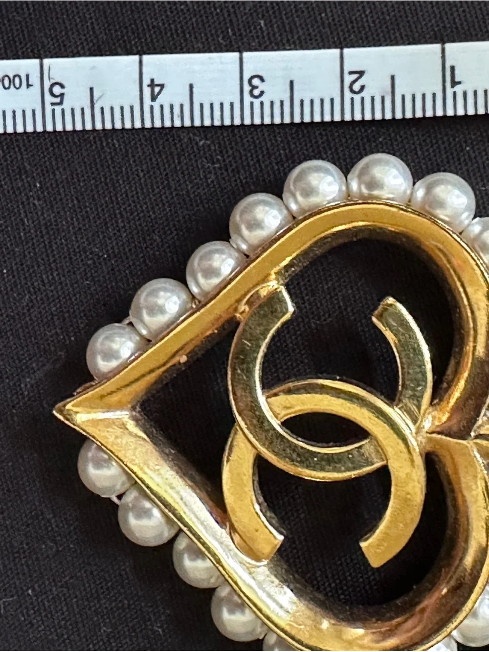CHANEL Gold and Black Heart CC Pendant Necklace with Pearls