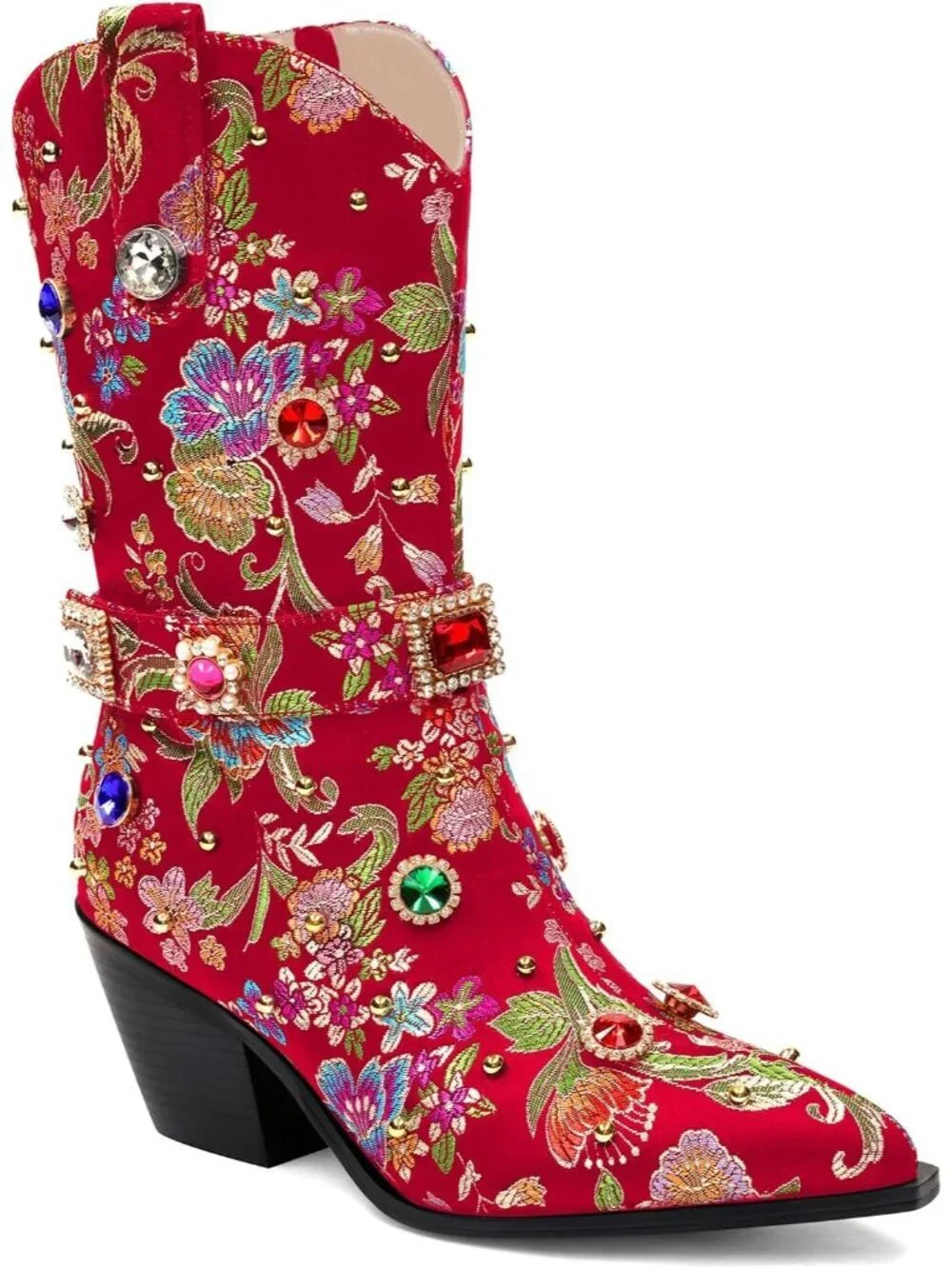 Women's Red Western Floral Embroidery Rhinestone Sparkly Cowgirl Mid Calf Boot