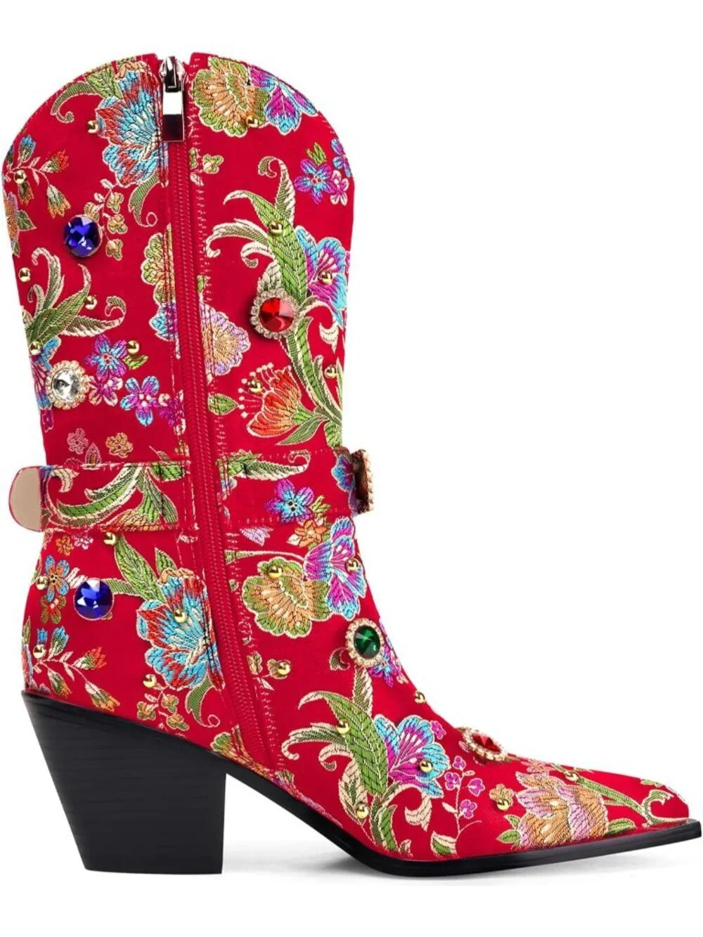 Women's Red Western Floral Embroidery Rhinestone Sparkly Cowgirl Mid Calf Boot