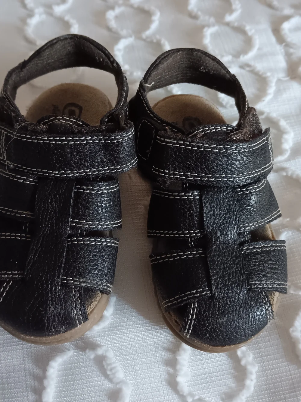 Kids Dark Brown Leather Sandals with White Stitching