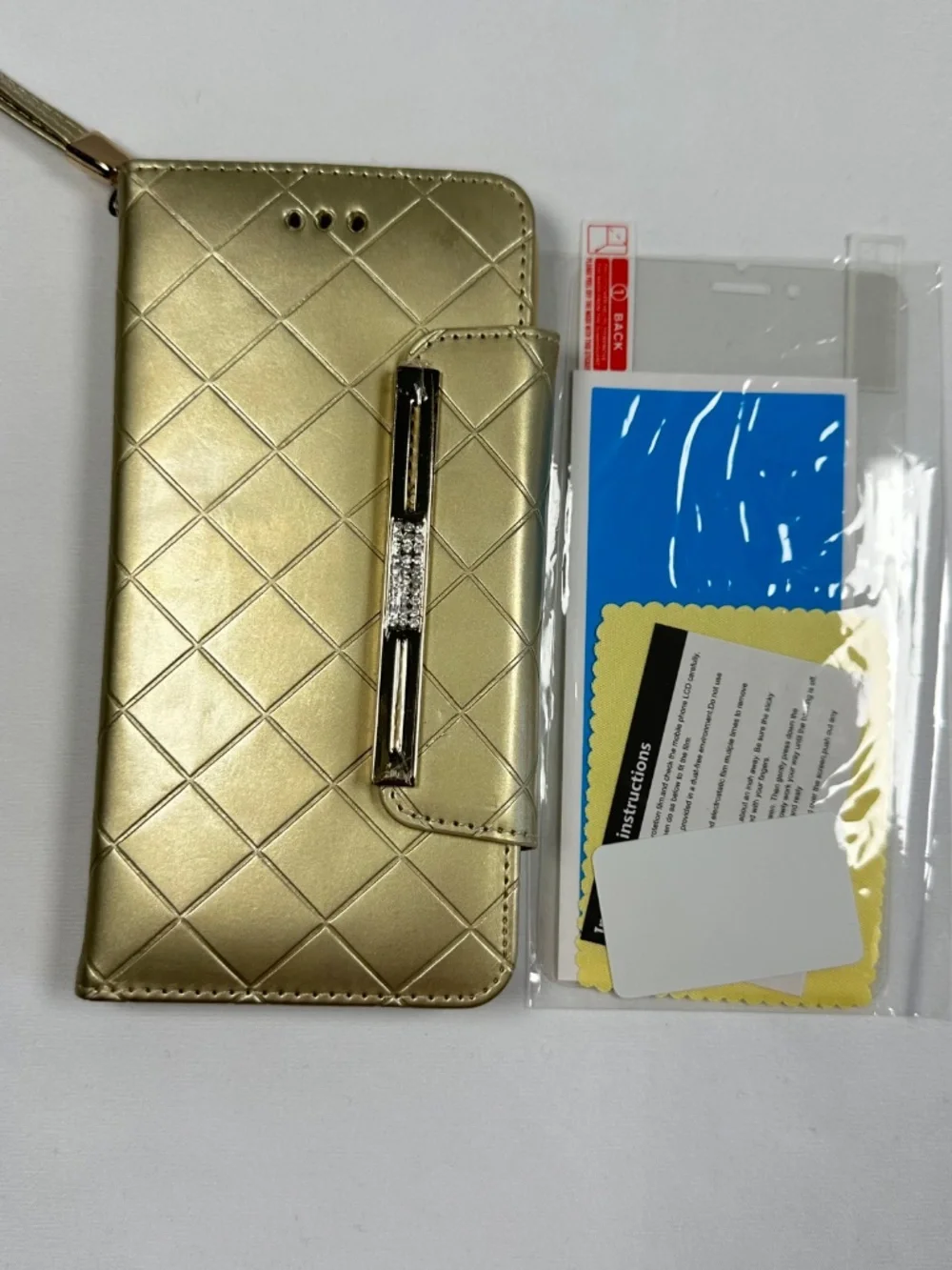 Gold Colored Cell Phone Case Wristlet Credit Card slot Jeweled Cover w/Screen