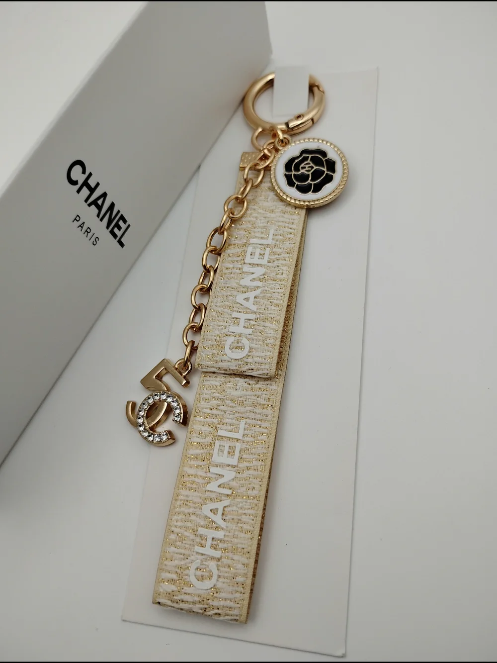 CHANEL Gold and Ivory Logo Charm Strap Keyring AUTHENTIC -BNIB