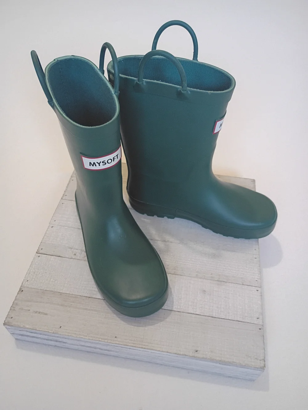 Kids My Soft Size 2 Waterproof Green Rain Boots with Easy Pull Handles
