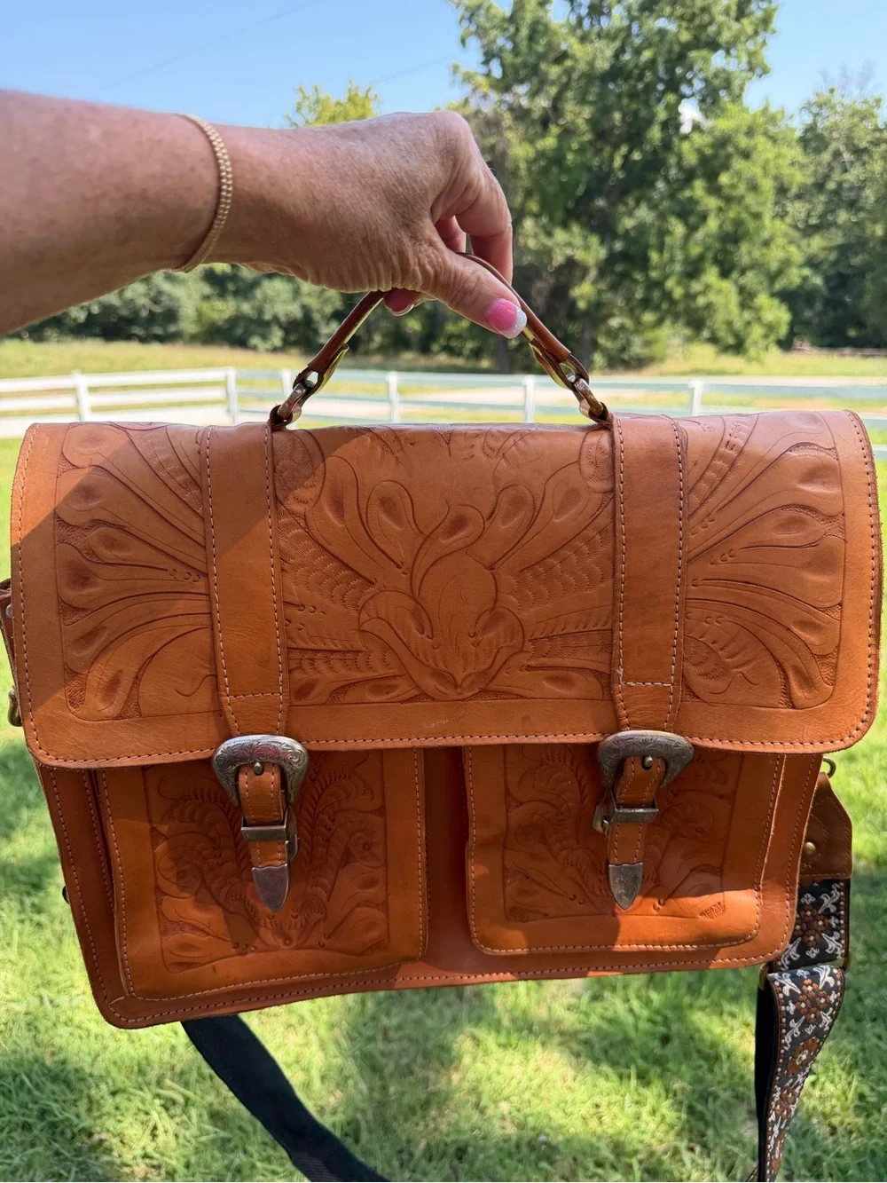 Hand-Tooled Tan Leather Briefcase Satchel