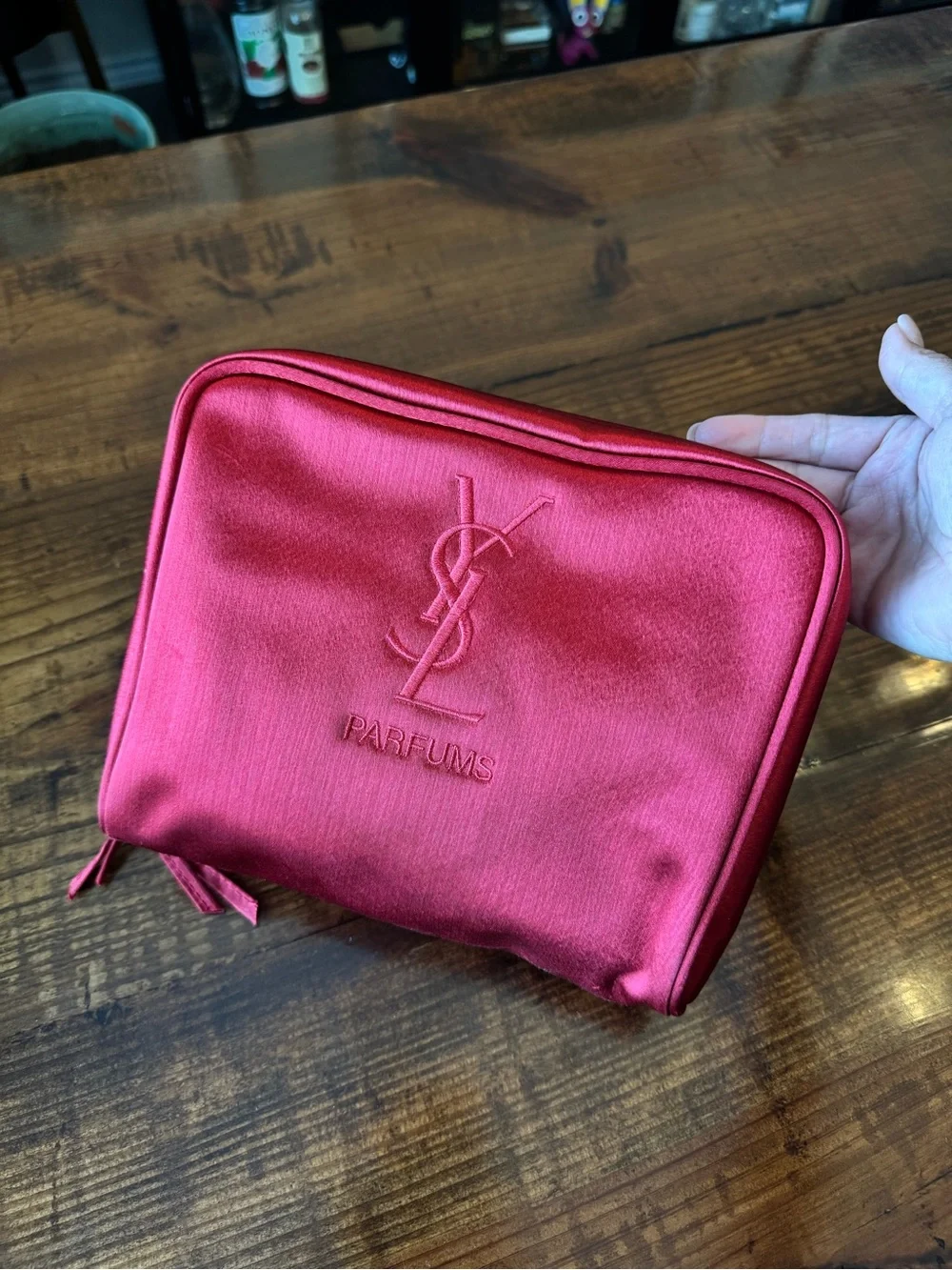 Yves Saint Laurent Red Satin Logo Cosmetic Pouch
