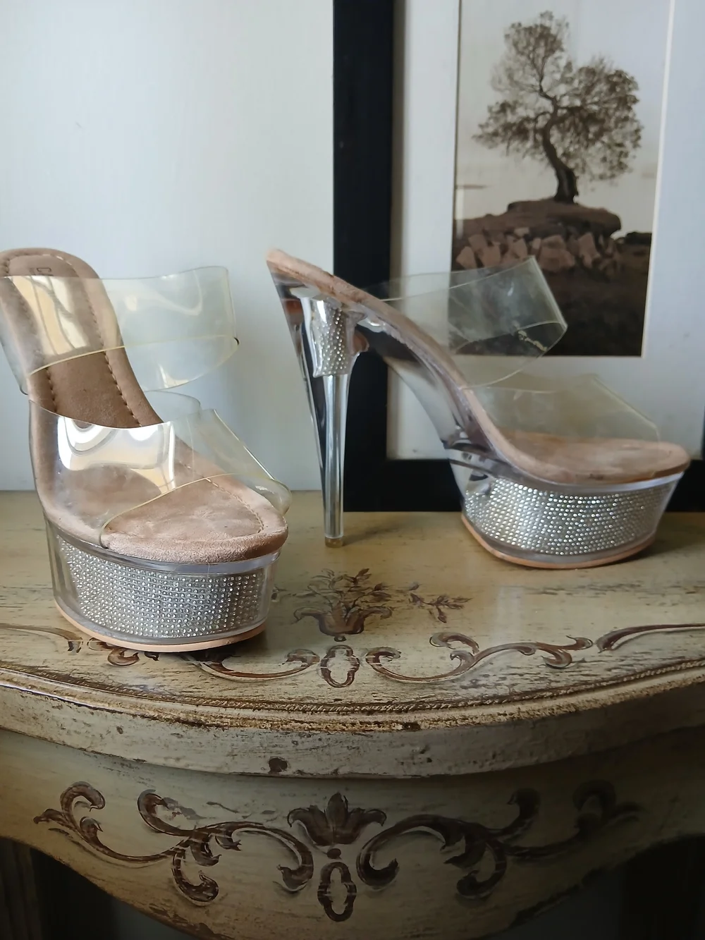Cape Robbin Clear Platform Heels with Silver Rhinestone Trim