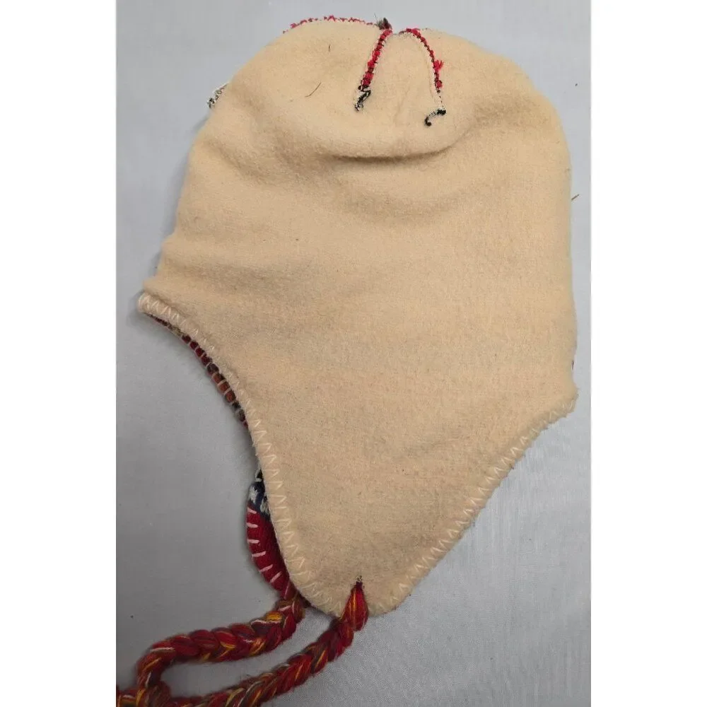 Knitted Earflap Winter Hat Pom-Pom Red Multicolor Nordic Pattern Wool blend