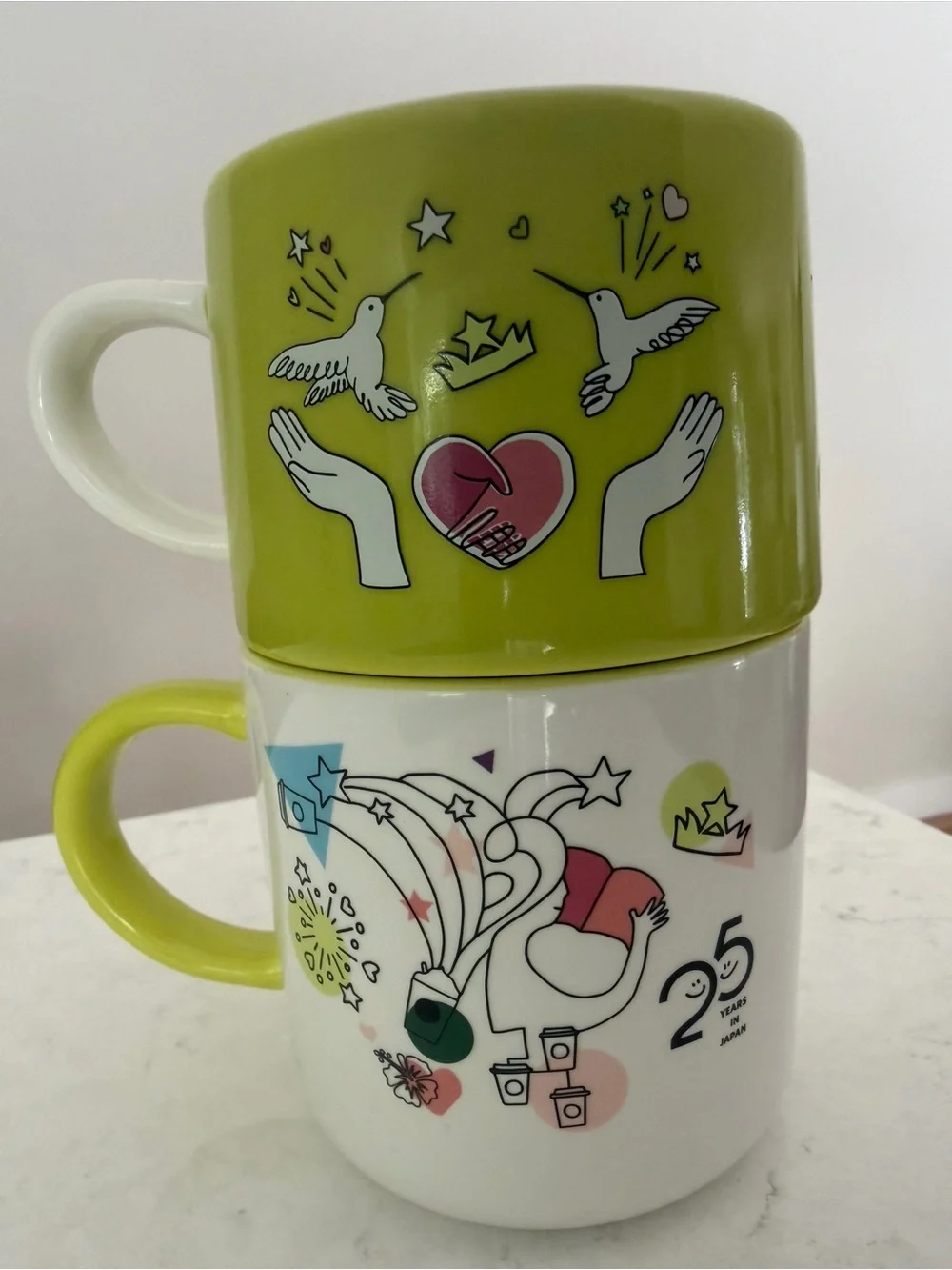 Starbucks Japan 25th Anniversary Stacking Mug & Cup 8oz & 12oz Hummingbird Logo