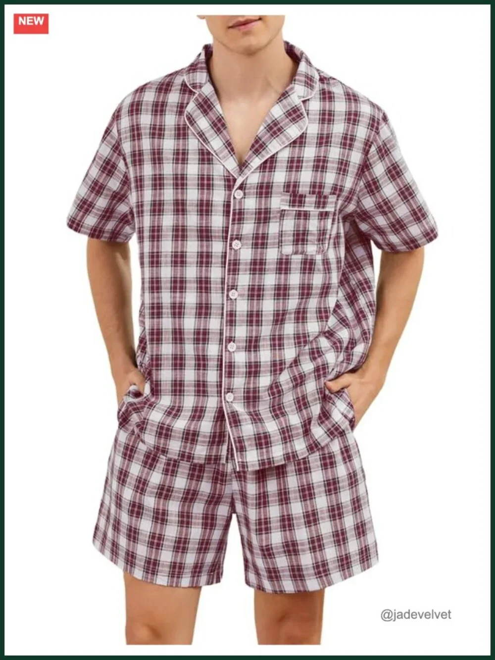 Men's 100% Cotton Pajama Set Short Sleeve Button Down Lounge Set Plaid Sleepwear