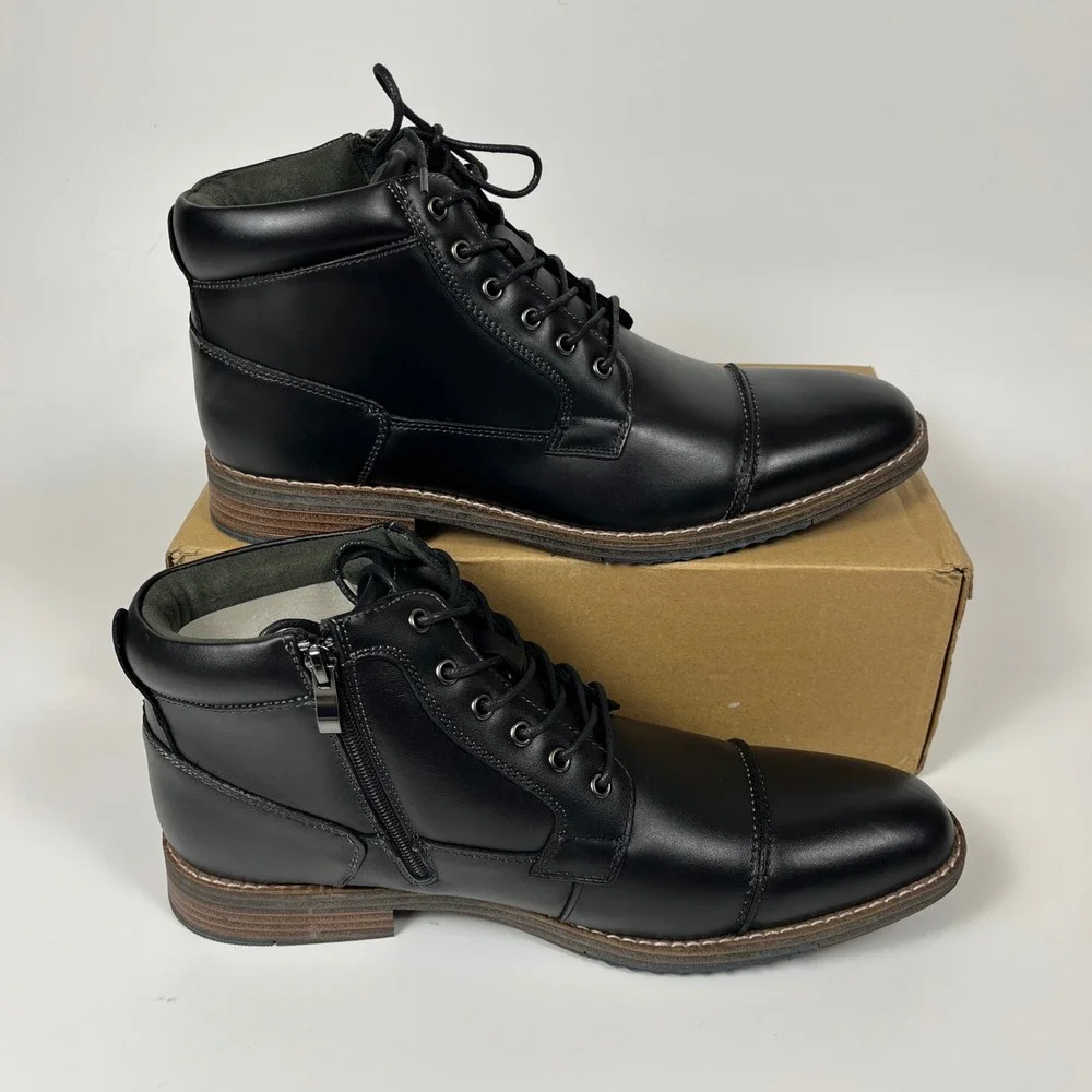 Arkbird Mens Black Premium Leather Cap Toe Side Zip Lace Up Boots Size 12 NIB