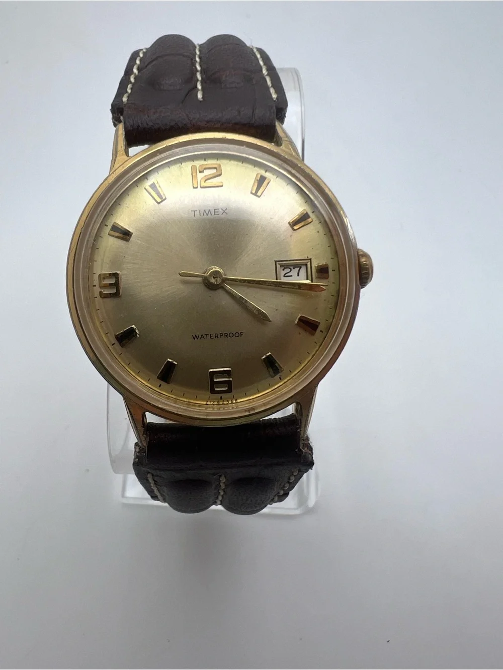 Timex Gold Dial Watch with Dark Brown Leather Strap