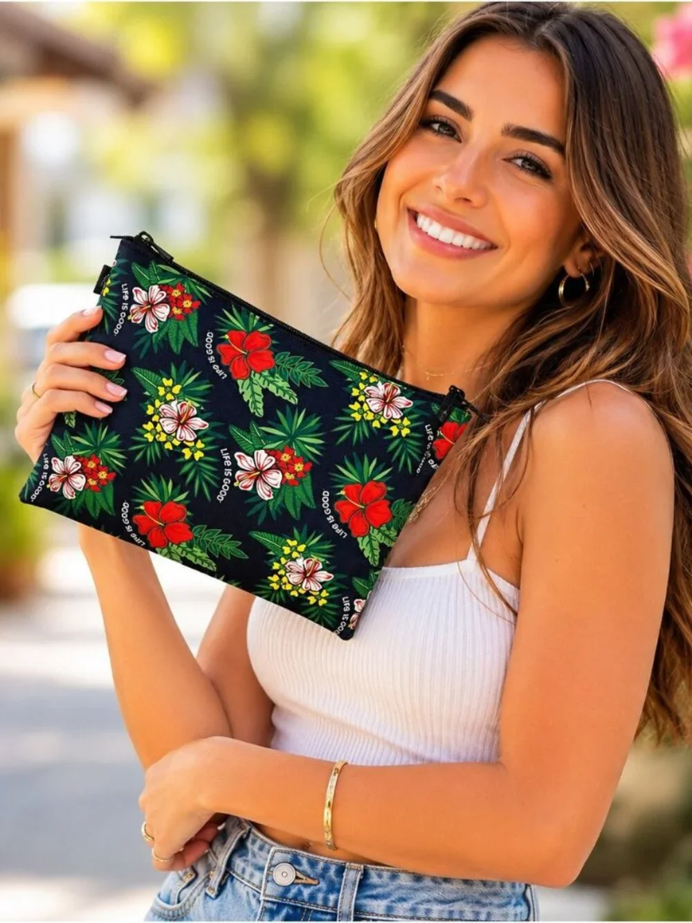 Life is Good Tropical Hibiscus Floral Zip Cosmetic Bag Make Up Travel Toiletry
